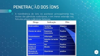 PENETRAÇÃO DOS ÍONS
⬥ A transferência de íons irá acontecer principalmente nos
ductos das glândulas sudoríparas, e em menor extensão nos
folículos pilosos e glândulas Sebáceas.
48
 