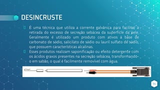 DESINCRUSTE
⬥ É uma técnica que utiliza a corrente galvânica para facilitar a
retirada do excesso de secreção sebácea da superfície da pele.
Geralmente é utilizado um produto com ativos à base de
carbonato de sódio, salicilato de sódio ou lauril sulfato de sódio,
que possuem características alcalinas.
⬥ Esses produtos realizam saponificação ou efeito detergente com
os ácidos graxos presentes na secreção sebácea, transformando-
o em sabão, o qual é facilmente removível com água.
54
 