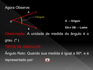 Agora Observe:
A
ângulo

O → Origem

O
B

OA e OB → Lados

Observação: A unidade de medida do ângulo é o
grau. (º )

TIPOS DE ÂNGULOS
Ângulo Reto: Quando sua medida é igual a 90º, e é

representado por:

 