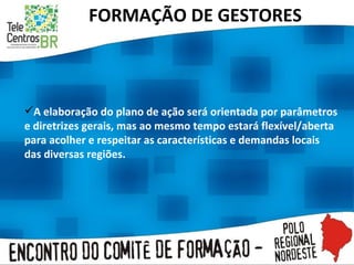 FORMAÇÃO DE GESTORES A elaboração do plano de ação será orientada por parâmetros e diretrizes gerais, mas ao mesmo tempo estará flexível/aberta para acolher e respeitar as características e demandas locais das diversas regiões.  