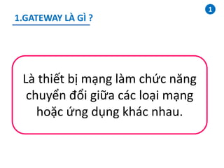 1
1.GATEWAY LÀ GÌ ?
Là thiết bị mạng làm chức năng
chuyển đổi giữa các loại mạng
hoặc ứng dụng khác nhau.
 