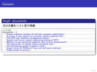 Gensim
Step0. documents
元の文書をリスト型で準備
1 # 元の文書
2 documents = [
3 ”Human machine interface for lab abc computer applications...