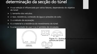 determinação da secção do túnel
 A sua seleção é influenciada por vários fatores, dependendo do objetivo
do túnel:
 1. tamanho dos veículos;
 2. tipo, resistência, conteúdo de água e pressões do solo;
 3. o método de escavação;
 4. o material e a resistência do revestimento do túnel;
 5. a necessidade de usar 1 ou 2 sentidos de circulação.
Figura 11 – Ilustração de algumas secções geométricas
comuns de túneis.
 