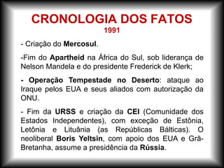 1991
- Criação do Mercosul.
-Fim do Apartheid na África do Sul, sob liderança de
Nelson Mandela e do presidente Frederick de Klerk;
- Operação Tempestade no Deserto: ataque ao
Iraque pelos EUA e seus aliados com autorização da
ONU.
- Fim da URSS e criação da CEI (Comunidade dos
Estados Independentes), com exceção de Estônia,
Letônia e Lituânia (as Repúblicas Bálticas). O
neoliberal Boris Yeltsin, com apoio dos EUA e Grã-
Bretanha, assume a presidência da Rússia.
CRONOLOGIA DOS FATOS
 