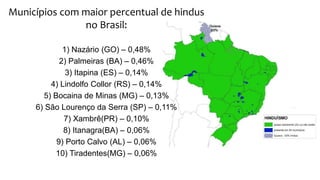 Municípios com maior percentual de hindus
no Brasil:
1) Nazário (GO) – 0,48%
2) Palmeiras (BA) – 0,46%
3) Itapina (ES) – 0,14%
4) Lindolfo Collor (RS) – 0,14%
5) Bocaina de Minas (MG) – 0,13%
6) São Lourenço da Serra (SP) – 0,11%
7) Xambrê(PR) – 0,10%
8) Itanagra(BA) – 0,06%
9) Porto Calvo (AL) – 0,06%
10) Tiradentes(MG) – 0,06%
 