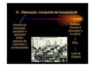 II – Educação: conquista da humanidade


 Através da                         Cultura:
  educação,                         Acesso à
 gerações e                        educação e
  gerações                          à cultura
    foram
 capazes de
                                     Elite
 transmitir o
conhecimento

                                     Luta de
                                     Classes
 