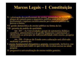 Marcos Legais – I Constituição

V- valorização dos profissionais de ensino, garantidos, na forma da lei,
    planos de carreira para o magistério público, com piso salarial
    profissional e ingresso exclusivamente por concurso público de
    provas e títulos;
VI- gestão democrática do ensino público na forma da lei;
VII- garantia de padrão de qualidade.
•        Art. 207 – As Universidades gozam de autonomia didático-
    científico, administrativo e de gestão financeira e patrimonial, e
    obedecerão ao princípio de indissociabilidade entre ensino, pesquisa
    e extensão.
•        Art. 208 - O dever do Estado com a educação será efetivado
    mediante a garantia de:
I- ensino fundamental obrigatório e gratuito, assegurada, inclusive, sua
    oferta gratuita para todos os que a ele não tiveram acesso na idade
    própria;
II- progressiva universalização do ensino médio gratuito;
 