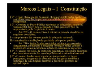 Marcos Legais – I Constituição
§ 2º - O não oferecimento do ensino obrigatório pelo Poder Público, ou
    sua oferta irregular, importa responsabilidade da autoridade
    competente.
§ 3º - Compete ao Poder Público recensear os educandos, no ensino
    fundamental, fazer-lhes a chamada e zelar, junto aos pais ou
    responsáveis, pela freqüência à escola.
•         Art. 209 – O ensino é livre à iniciativa privada, atendidas as
    seguintes condições:
I – cumprimento das normas gerais da educação nacional;
II – autorização e avaliação de qualidade pelo poder público.
•         Art. 210 - Serão fixados conteúdos mínimos para o ensino
    fundamental, de maneira a assegurar formação básica comum e
    respeito aos valores culturais e artísticos, nacionais e regionais.
§ 1º - O ensino religioso, de matrícula facultativa, constituirá disciplina
    dos horários normais das escolas públicas de ensino fundamental.
§ 2º - O ensino fundamental regular será ministrado em língua
    portuguesa, assegurada às comunidades indígenas também a
    utilização de suas línguas maternas e processos próprios de
    aprendizagem.
 