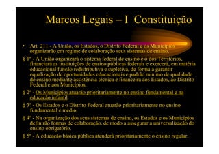 Marcos Legais – I Constituição

•  Art. 211 - A União, os Estados, o Distrito Federal e os Municípios
   organizarão em regime de colaboração seus sistemas de ensino.
§ 1º - A União organizará o sistema federal de ensino e o dos Territórios,
   financiará as instituições de ensino públicas federais e exercerá, em matéria
   educacional função redistributiva e supletiva, de forma a garantir
   equalização de oportunidades educacionais e padrão mínimo de qualidade
   de ensino mediante assistência técnica e financeira aos Estados, ao Distrito
   Federal e aos Municípios.
§ 2º - Os Municípios atuarão prioritariamente no ensino fundamental e na
   educação infantil.
§ 3º - Os Estados e o Distrito Federal atuarão prioritariamente no ensino
   fundamental e médio.
§ 4º - Na organização dos seus sistemas de ensino, os Estados e os Municípios
   definirão formas de colaboração, de modo a assegurar a universalização do
   ensino obrigatório.
§ 5º - A educação básica pública atenderá prioritariamente o ensino regular.
 
