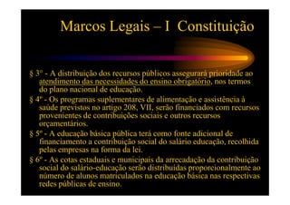 Marcos Legais – I Constituição

§ 3° - A distribuição dos recursos públicos assegurará prioridade ao
   atendimento das necessidades do ensino obrigatório, nos termos
   do plano nacional de educação.
§ 4º - Os programas suplementares de alimentação e assistência à
   saúde previstos no artigo 208, VII, serão financiados com recursos
   provenientes de contribuições sociais e outros recursos
   orçamentários.
§ 5º - A educação básica pública terá como fonte adicional de
   financiamento a contribuição social do salário educação, recolhida
   pelas empresas na forma da lei.
§ 6º - As cotas estaduais e municipais da arrecadação da contribuição
   social do salário-educação serão distribuídas proporcionalmente ao
   número de alunos matriculados na educação básica nas respectivas
   redes públicas de ensino.
 