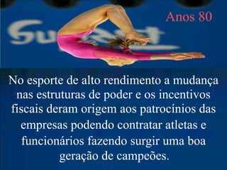 Anos 80



No esporte de alto rendimento a mudança
 nas estruturas de poder e os incentivos
fiscais deram origem aos patrocínios das
  empresas podendo contratar atletas e
  funcionários fazendo surgir uma boa
          geração de campeões.
 