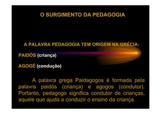 O SURGIMENTO DA PEDAGOGIA




  A PALAVRA PEDAGOGIA TEM ORIGEM NA GRÉCIA:

PAIDÓS (criança)

AGOGÉ (condução)


      A palavra grega Paidagogos é formada pela
palavra paidós (criança) e agogos (condutor).
Portanto, pedagogo significa condutor de crianças,
aquele que ajuda a conduzir o ensino da criança.
 