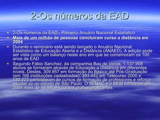 2-Os números da EAD 2-Os números da EAD - Primeiro Anuário Nacional Estatístico  Mais de um milhão de pessoas concluíram curso a distância em 2004 Durante o seminário está sendo lançado o Anuário Nacional Estatístico de Educação Aberta e a Distância (ANAED). A edição pode ser vista como um balanço neste ano em que se comemoram os 100 anos de EAD Segundo Fábio Sanchez, da companhia Baú de Idéias, 1.137.908 alunos se formaram através de Educação a Distância em diferentes níveis. Destes, 309.957 em formação do Básico até Pós-Graduação (em 166 instituições cadastradas), 393.442 em Telecurso 2000 e 132.223 participaram de cursos de formação de professores e reforço escolar só no estado de São Paulo. O SENAC e o SESI formaram em 2004 mais de 48 mil em cursos profissionalizantes.  