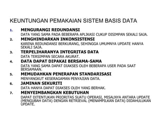 KEUNTUNGAN PEMAKAIAN SISTEM BASIS DATA
1. MENGURANGI REDUNDANSI
DATA YANG SAMA PADA BEBERAPA APLIKASI CUKUP DISIMPAN SEKALI SAJA.
2. MENGHINDARKAN INKONSISTENSI
KARENA REDUNDANSI BERKURANG, SEHINGGA UMUMNYA UPDATE HANYA
SEKALI SAJA.
3. TERPELIHARANYA INTEGRITAS DATA
DATA TERSIMPAN SECARA AKURAT.
4. DATA DAPAT DIPAKAI BERSAMA-SAMA
DATA YANG SAMA DAPAT DIAKSES OLEH BEBERAPA USER PADA SAAT
BERSAMAAN.
5. MEMUDAHKAN PENERAPAN STANDARISASI
MENYANGKUT KESERAGAMAN PENYAJIAN DATA.
6. JAMINAN SEKURITI
DATA HANYA DAPAT DIAKSES OLEH YANG BERHAK.
7. MENYEIMBANGKAN KEBUTUHAN
DAPAT DITENTUKAN PRIORITAS SUATU OPERASI, MISALNYA ANTARA UPDATE
(MENGUBAH DATA) DENGAN RETRIEVAL (MENAMPILKAN DATA) DIDAHULUKAN
UPDATE.
 
