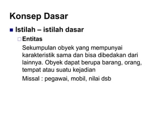 Konsep Dasar
 Istilah – istilah dasar
Entitas
Sekumpulan obyek yang mempunyai
karakteristik sama dan bisa dibedakan dari
lainnya. Obyek dapat berupa barang, orang,
tempat atau suatu kejadian
Missal : pegawai, mobil, nilai dsb
 