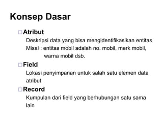 Konsep Dasar
Atribut
Deskripsi data yang bisa mengidentifikasikan entitas
Misal : entitas mobil adalah no. mobil, merk mobil,
warna mobil dsb.
Field
Lokasi penyimpanan untuk salah satu elemen data
atribut
Record
Kumpulan dari field yang berhubungan satu sama
lain
 