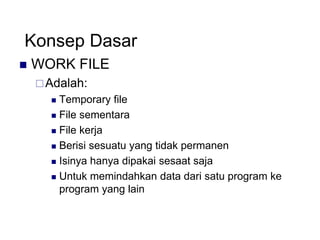 Konsep Dasar
 WORK FILE
Adalah:
 Temporary file
 File sementara
 File kerja
 Berisi sesuatu yang tidak permanen
 Isinya hanya dipakai sesaat saja
 Untuk memindahkan data dari satu program ke
program yang lain
 