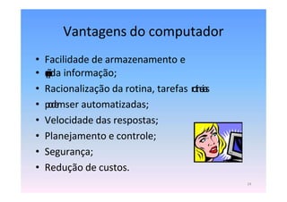 Vantagens do computador
• Facilidade de armazenamento e
• r
e
c
u
p
e
r
a
ç
ã
o
da informação;
• Racionalização da rotina, tarefas r
o
t
i
n
e
i
r
a
s
• p
o
d
e
mser automatizadas;
• Velocidade das respostas;
• Planejamento e controle;
• Segurança;
• Redução de custos.
24
 