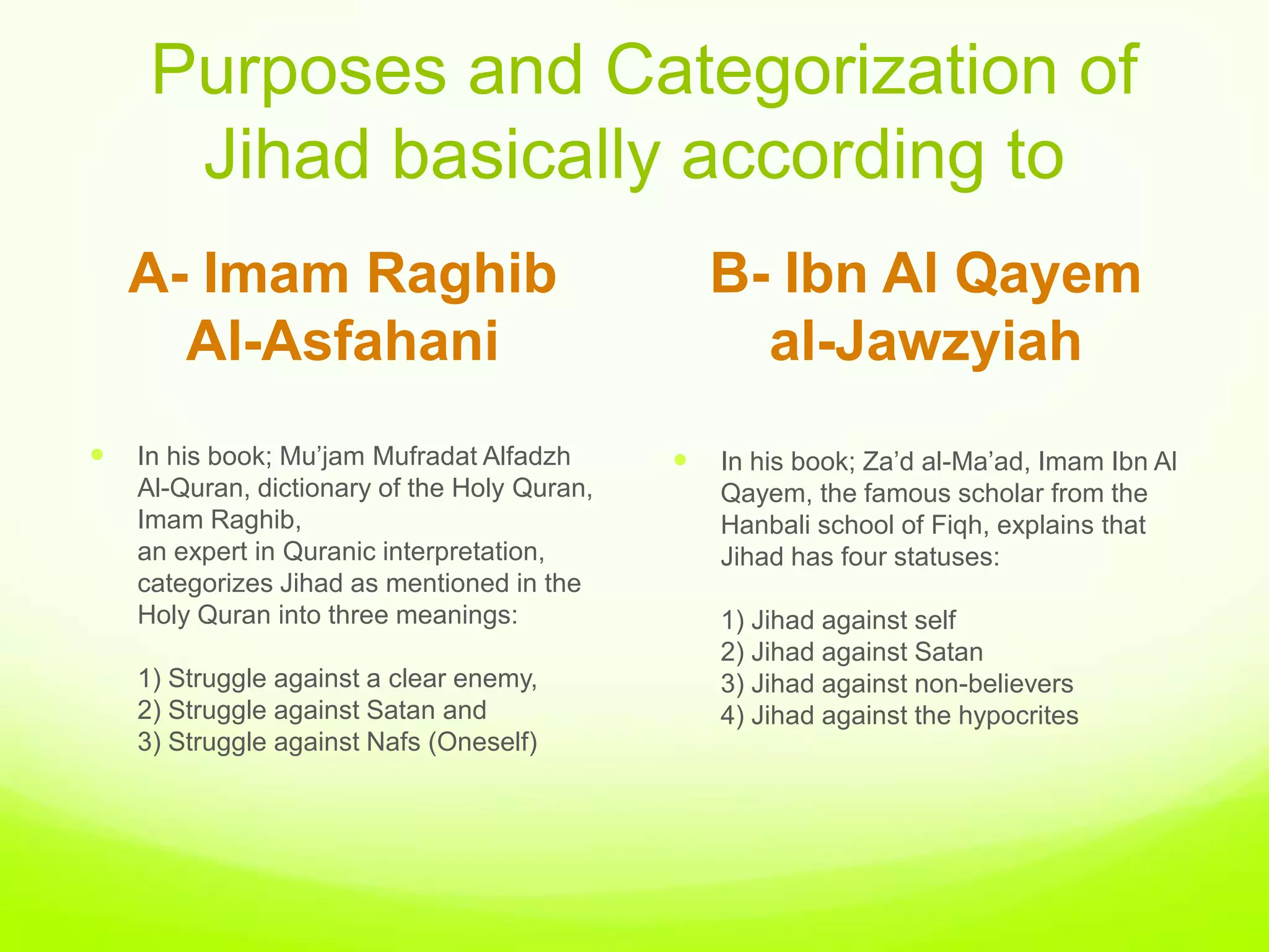 Purposes and Categorization of
      Jihad basically according to
    A- Imam Raghib                                B- Ibn Al Qayem
      Al-Asfahani                                   al-Jawzyiah
   In his book; Mu‟jam Mufradat Alfadzh         In his book; Za‟d al-Ma‟ad, Imam Ibn Al
    Al-Quran, dictionary of the Holy Quran,       Qayem, the famous scholar from the
    Imam Raghib,                                  Hanbali school of Fiqh, explains that
    an expert in Quranic interpretation,          Jihad has four statuses:
    categorizes Jihad as mentioned in the
    Holy Quran into three meanings:               1) Jihad against self
                                                  2) Jihad against Satan
    1) Struggle against a clear enemy,            3) Jihad against non-believers
    2) Struggle against Satan and                 4) Jihad against the hypocrites
    3) Struggle against Nafs (Oneself)
 
