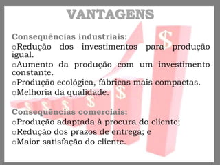 VANTAGENS
Consequências industriais:
oRedução dos investimentos para produção
igual.
oAumento da produção com um investimento
constante.
oProdução ecológica, fábricas mais compactas.
oMelhoria da qualidade.
Consequências comerciais:
oProdução adaptada à procura do cliente;
oRedução dos prazos de entrega; e
oMaior satisfação do cliente.
 