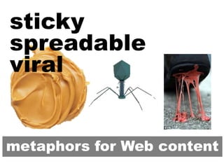 sticky
spreadable
viral
metaphors for Web content
 