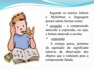         Segundo os autores Johson e Myklebust a linguagem possui outras facetas como:    * recepção - a compreensão antecede a expressão, ou seja, a leitura antecede a escrita;    *    expressão         A criança passa, portanto da aquisição do significado (através da observação dos objetos que a rodeiam) para a compreensão falada.