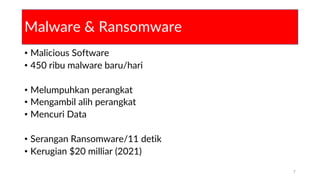 Malware & Ransomware
• Malicious Software
• 450 ribu malware baru/hari
• Melumpuhkan perangkat
• Mengambil alih perangkat
• Mencuri Data
• Serangan Ransomware/11 detik
• Kerugian $20 milliar (2021)
7
 