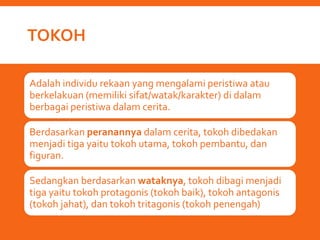 TOKOH
Adalah individu rekaan yang mengalami peristiwa atau
berkelakuan (memiliki sifat/watak/karakter) di dalam
berbagai peristiwa dalam cerita.
Berdasarkan peranannya dalam cerita, tokoh dibedakan
menjadi tiga yaitu tokoh utama, tokoh pembantu, dan
figuran.
Sedangkan berdasarkan wataknya, tokoh dibagi menjadi
tiga yaitu tokoh protagonis (tokoh baik), tokoh antagonis
(tokoh jahat), dan tokoh tritagonis (tokoh penengah)
 