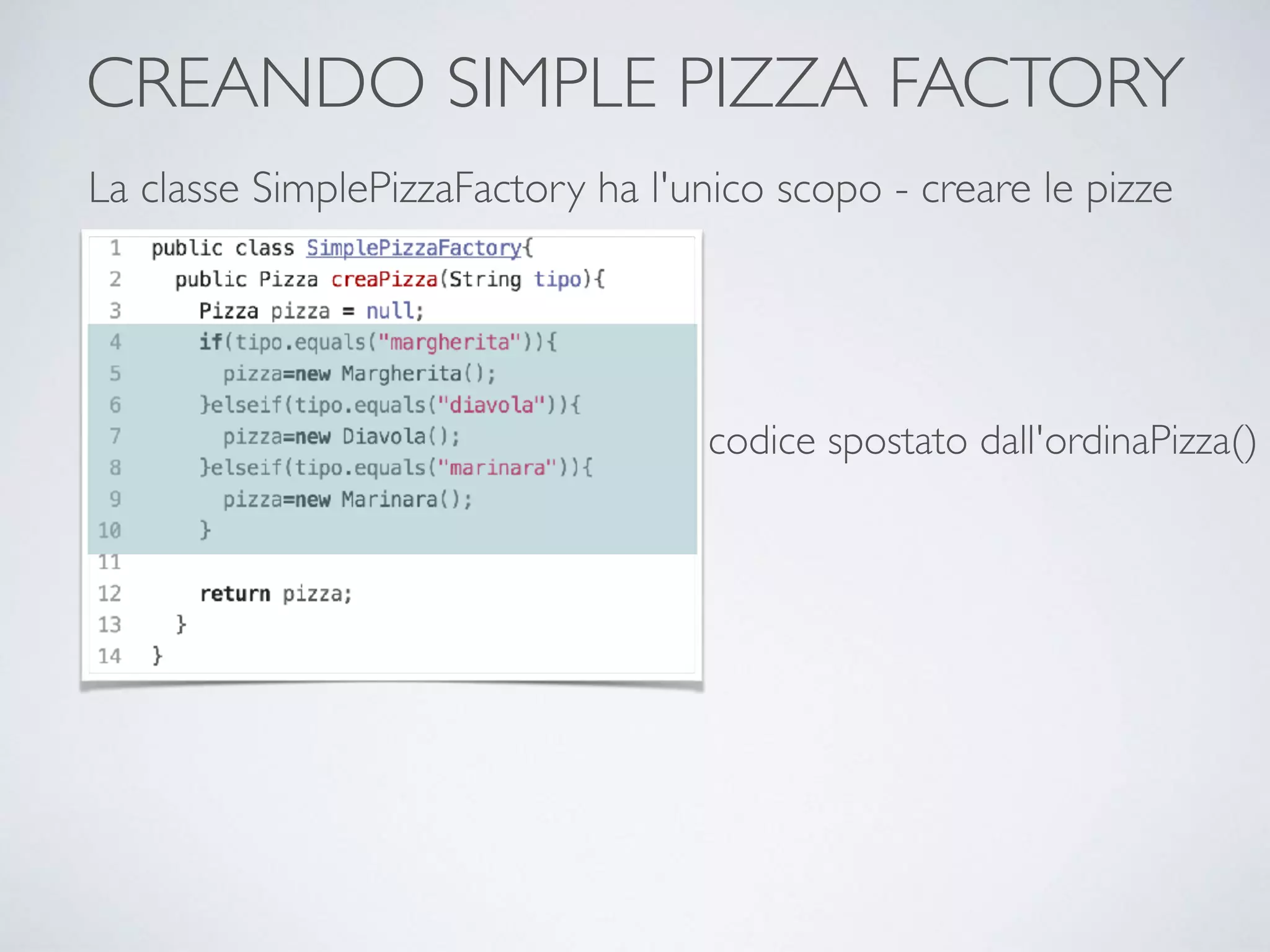 CREANDO SIMPLE PIZZA FACTORY
La classe SimplePizzaFactory ha l'unico scopo - creare le pizze
codice spostato dall'ordinaPizza()
 