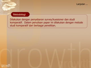 Lanjutan ... Dilakukan dengan penyebaran survey/kuesioner dan studi komparatif .  Dalam penulisan paper ini dilakukan dengan metode studi komparatif dari berbagai penelitian. Metodologi 