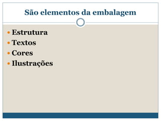 São elementos da embalagemEstruturaTextosCoresIlustrações