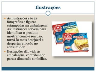 IlustraçõesAs ilustrações são as fotografias e figuras estampadas na embalagem. As ilustrações servem para identificar o produto, mostrar como é seu uso, torná-lo mais desejável e despertar emoção no consumidor. Ilustrações dão vida às embalagens, contribuindo para a dimensão simbólica. 