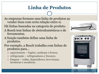 Linha de ProdutosAs empresas formam uma linha de produtos ao vender itens com certa relação entre si.   Há linhas baseadas na categoria de produto. A Bosch tem linhas de eletrodomésticos e de ferramentas. A função também define uma linha de produtos.Por exemplo, a Bosch trabalha com linhas de produtos para... aquecimento – fogões, cooktops e fornos; refrigeração – refrigeradores e freezers; limpeza – coifas, depuradores, lava-louças, lavadoras e secadoras.