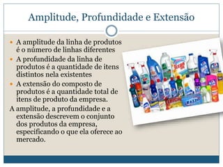 Amplitude, Profundidade e ExtensãoA amplitude da linha de produtos é o número de linhas diferentesA profundidade da linha de produtos é a quantidade de itens distintos nela existentes Aextensão do composto de produtos é a quantidade total de itens de produto da empresa.A amplitude, a profundidade e a extensão descrevem o conjunto dos produtos da empresa, especificando o que ela oferece ao mercado. 