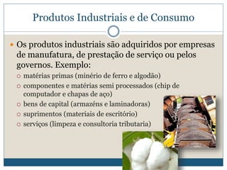 Produtos Industriais e de ConsumoOs produtos industriais são adquiridos por empresas de manufatura, de prestação de serviço ou pelos governos. Exemplo:matérias primas (minério de ferro e algodão)componentes e matérias semi processados (chip de computador e chapas de aço)bens de capital (armazéns e laminadoras)suprimentos (materiais de escritório)serviços (limpeza e consultoria tributaria)
