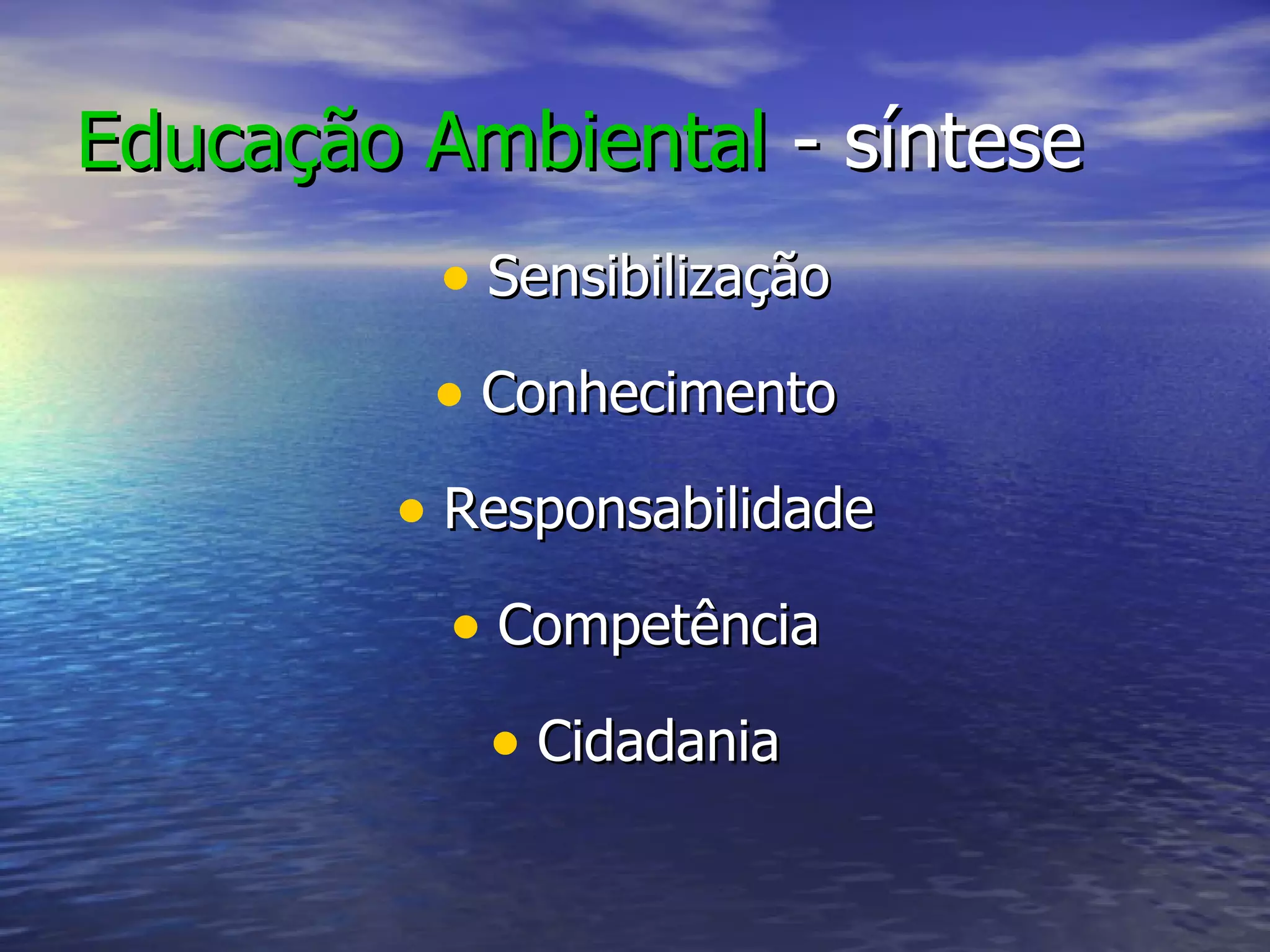 Educação Ambiental  - síntese Sensibilização Conhecimento Responsabilidade Competência Cidadania 