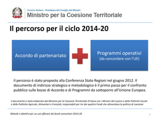 Metodi e obiettivi per un uso efficace dei fondi comunitari 2014-20
Il percorso per il ciclo 2014-20
Accordo di partenaria...