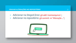 GRAVAR ALTERAÇÕES NO REPOSITÓRIO
» Adicionar na Staged área: git add <nomearquivo> ;
» Adicionar no repositório: git commit -m “Alteração ...”;
23
 