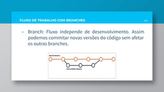 44
» Branch: Fluxo independe de desenvolvimento. Assim
podemos commitar novas versões do código sem afetar
os outras branches.
FLUXO DE TRABALHO COM BRANCHES
 