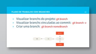 45FLUXO DE TRABALHO COM BRANCHES
» Visualizar branchs do projeto: git branch
» Visualizar branchs vinculadas ao commit: git branch -v
» Criar uma branch: git branch nomeBranch
 