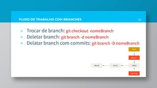 46FLUXO DE TRABALHO COM BRANCHES
» Trocar de branch: git checkout nomeBranch
» Deletar branch: git branch -d nomeBranch
» Delatar branch com commits: git branch -D nomeBranch
 