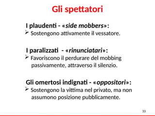 Gli spettatori
33
I plaudenti - «side mobbers»:
 Sostengono attivamente il vessatore.
I paralizzati - «rinunciatari»:
 Favoriscono il perdurare del mobbing
passivamente, attraverso il silenzio.
Gli omertosi indignati - «oppositori»:
 Sostengono la vittima nel privato, ma non
assumono posizione pubblicamente.
 