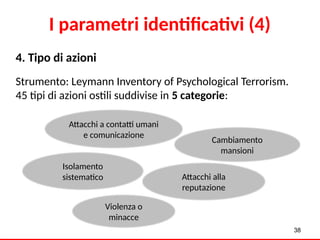 4. Tipo di azioni
Strumento: Leymann Inventory of Psychological Terrorism.
45 tipi di azioni ostili suddivise in 5 categorie:
38
Violenza o
minacce
Attacchi a contatti umani
e comunicazione
Isolamento
sistematico
Cambiamento
mansioni
Attacchi alla
reputazione
I parametri identificativi (4)
 