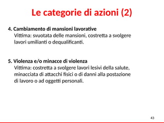 43
4. Cambiamento di mansioni lavorative
Vittima: svuotata delle mansioni, costretta a svolgere
lavori umilianti o dequalificanti.
5. Violenza e/o minacce di violenza
Vittima: costretta a svolgere lavori lesivi della salute,
minacciata di attacchi fisici o di danni alla postazione
di lavoro o ad oggetti personali.
Le categorie di azioni (2)
 