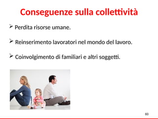  Perdita risorse umane.
 Reinserimento lavoratori nel mondo del lavoro.
 Coinvolgimento di familiari e altri soggetti.
60
Conseguenze sulla collettività
 