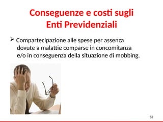  Compartecipazione alle spese per assenza
dovute a malattie comparse in concomitanza
e/o in conseguenza della situazione di mobbing.
62
Conseguenze e costi sugli
Enti Previdenziali
 