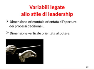 67
 Dimensione orizzontale orientata all’apertura
dei processi decisionali.
 Dimensione verticale orientata al potere.
Variabili legate
allo stile di leadership
 
