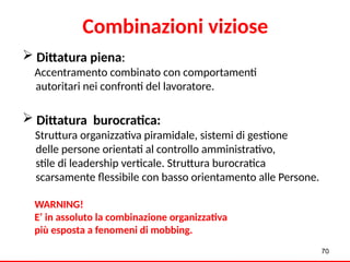  Dittatura piena:
Accentramento combinato con comportamenti
autoritari nei confronti del lavoratore.
 Dittatura burocratica:
Struttura organizzativa piramidale, sistemi di gestione
delle persone orientati al controllo amministrativo,
stile di leadership verticale. Struttura burocratica
scarsamente flessibile con basso orientamento alle Persone.
WARNING!
E’ in assoluto la combinazione organizzativa
più esposta a fenomeni di mobbing.
70
Combinazioni viziose
 