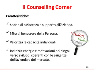 83
Caratteristiche:
 Spazio di assistenza e supporto all’Azienda.
 Mira al benessere della Persona.
 Valorizza le capacità individuali.
 Indirizza energie e motivazioni dei singoli
verso sviluppi coerenti con le esigenze
dell’azienda e del mercato.
Il Counselling Corner
 
