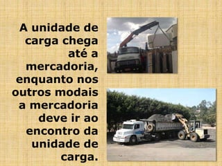 A unidade de
carga chega
até a
mercadoria,
enquanto nos
outros modais
a mercadoria
deve ir ao
encontro da
unidade de
carga.
 